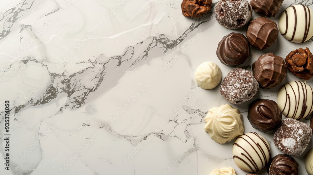 Luxurious Chocolate Candies on Pristine Marble Background with Copy Space Luxurious Chocolate Candies on Pristine Marble Background with Copy Space