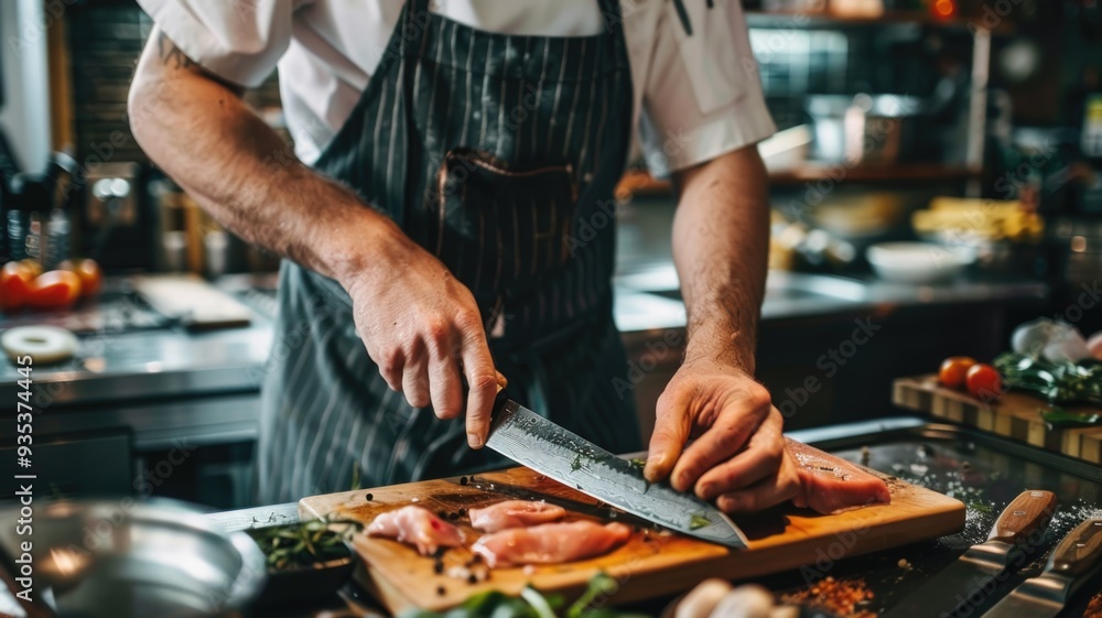 Fototapeta premium A professional chef sharpening a knife, with a stylish apron and a well-organized kitchen workspace