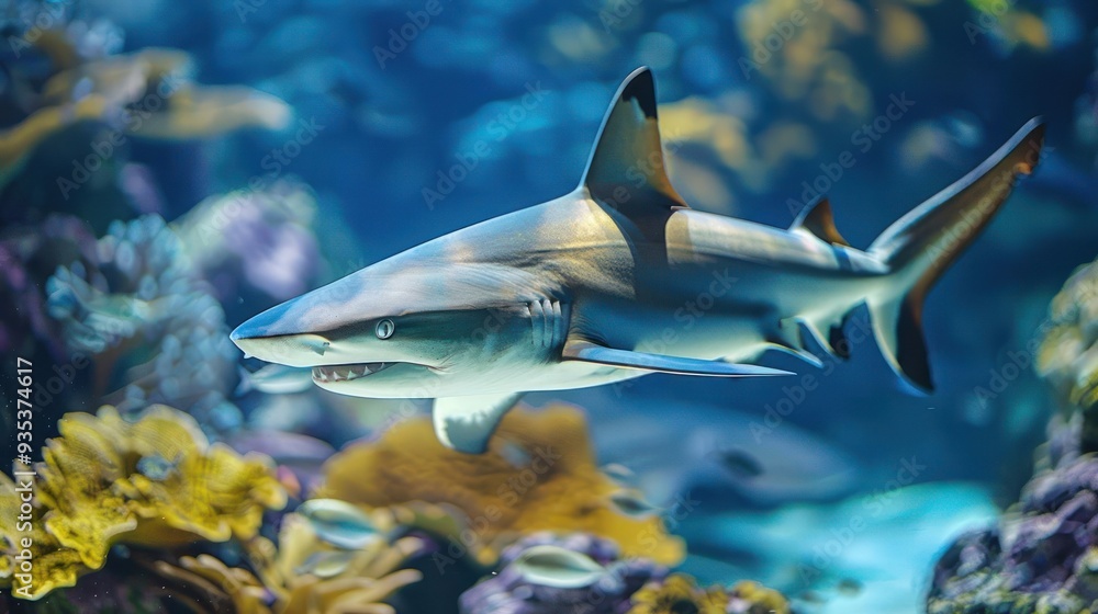Fototapeta premium Underwater photo of a shark swimming next to colorful coral and algae.
