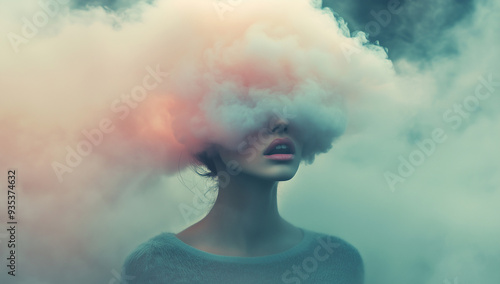 Woman with a head like a cloud, surreal photo in the style of hanging in the air,