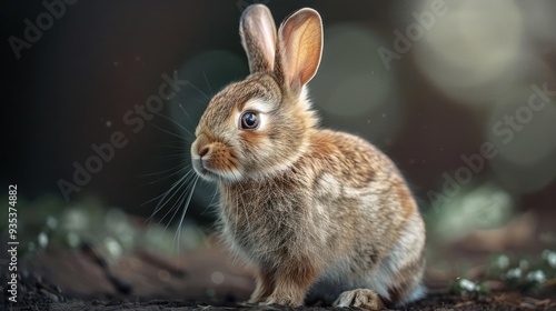 A small, fluffy rabbit with large ears and twinkling eyes, standing in a forest setting.