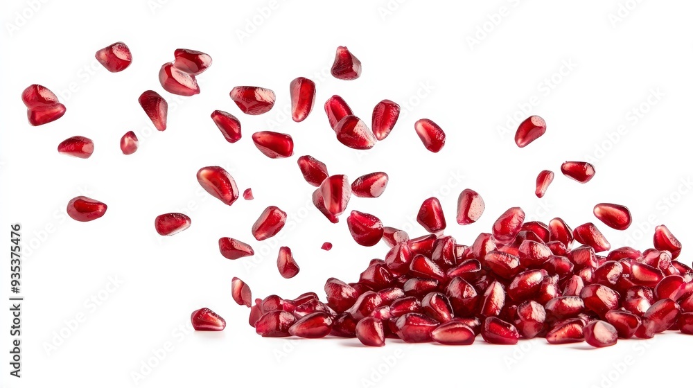 A pile of pomegranate seeds with some flying in the air against a white background. A pile of pomegranate seeds with some flying in the air against a white background.
