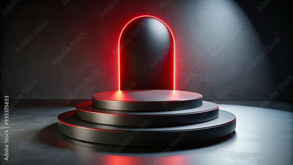 Fototapeta premium 3D rendering of a round black podium with red spotlight illumination on a dark background 