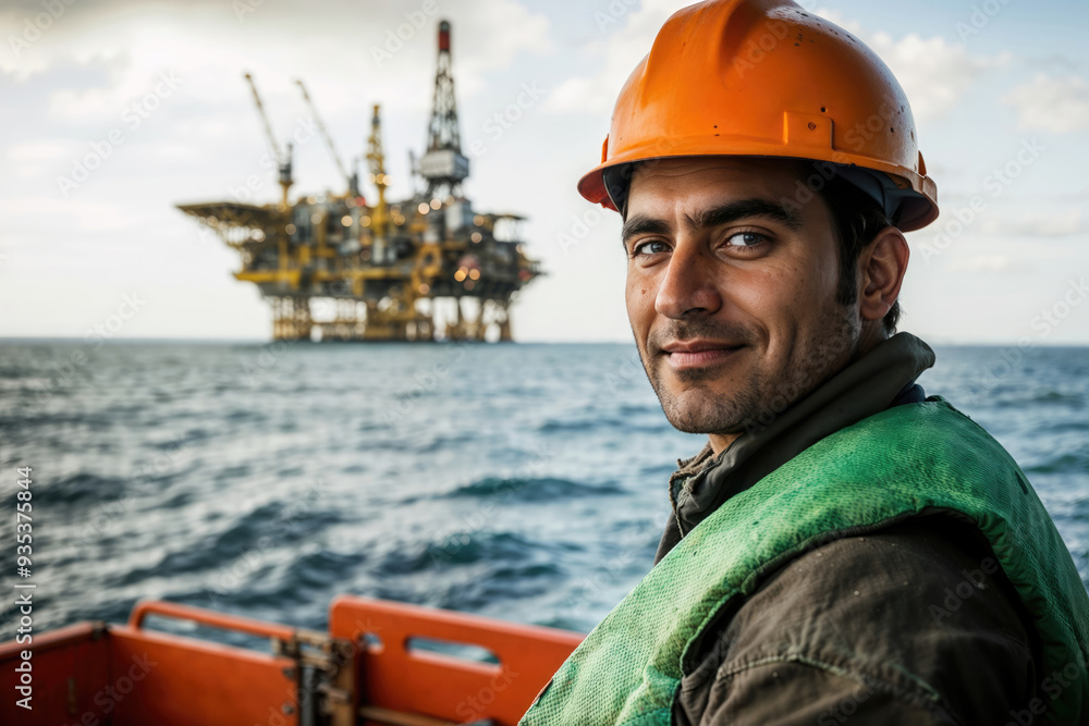 Offshore oil worker smiling with rig in background Offshore oil worker smiling with rig in background