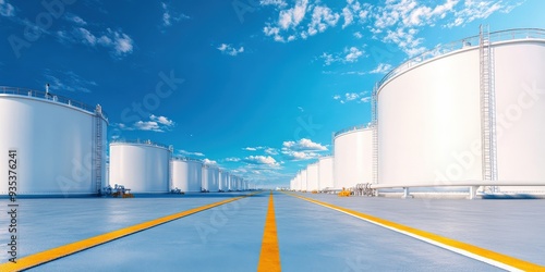 A vast industrial landscape featuring large white storage tanks under a clear blue sky, showcasing modern infrastructure and open space.