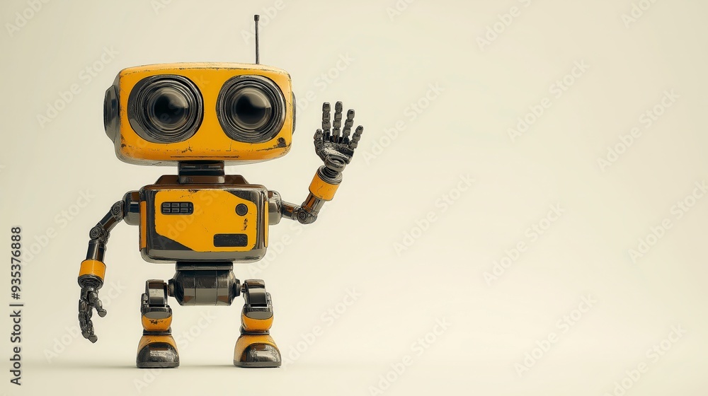 A friendly, yellow robot waves hello with a big smile. It's a cute and playful design, perfect for representing automation, artificial intelligence, and the future of technology. A friendly, yellow robot waves hello with a big smile. It's a cute and playful design, perfect for representing automation, artificial intelligence, and the future of technology.