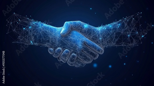 Vector isolated brotherly handshake. Low poly wireframe and points. Polygonal 3D white agreement concept on dark background. Business concept with geometry triangle. With dark blue background. Low pol