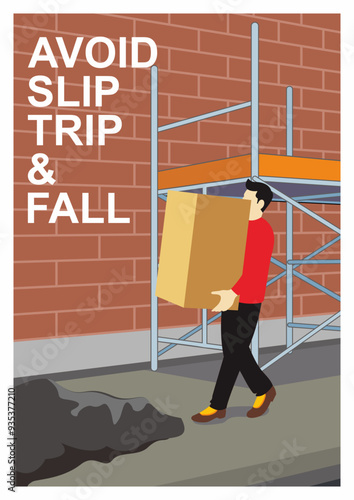 Poster design of safety tips to avoid slip, trip, and fall hazard on the workplace. Man bring the box near the construction site project will stumble over a pile of sand material on the pedestrian.