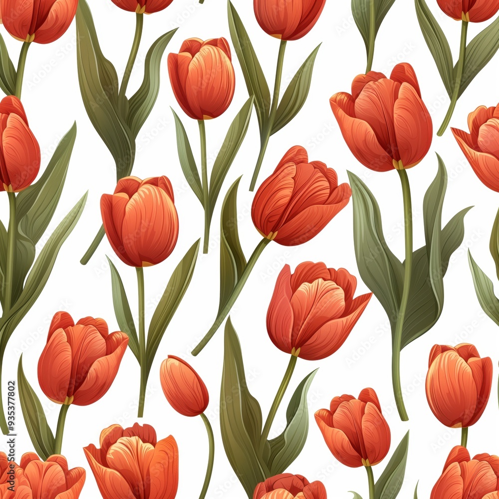 Obraz premium Red tulips illustration. Hand drawn flowers watercolor seamless pattern on white background