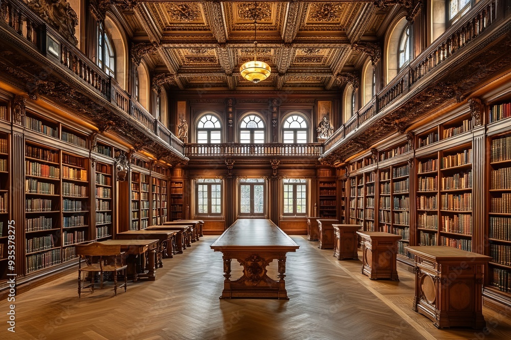 A large library with many bookshelves and tables A large library with many bookshelves and tables