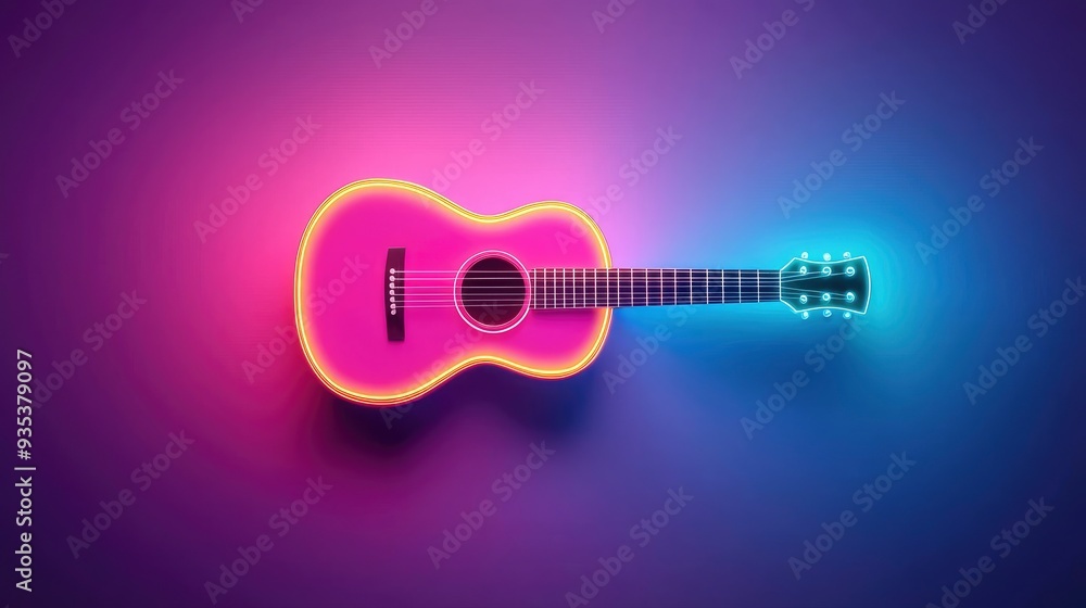 Neon Sign Guitar, Trendy And Cool In Pink, Blue, And Yellow Neon Sign Guitar, Trendy And Cool In Pink, Blue, And Yellow