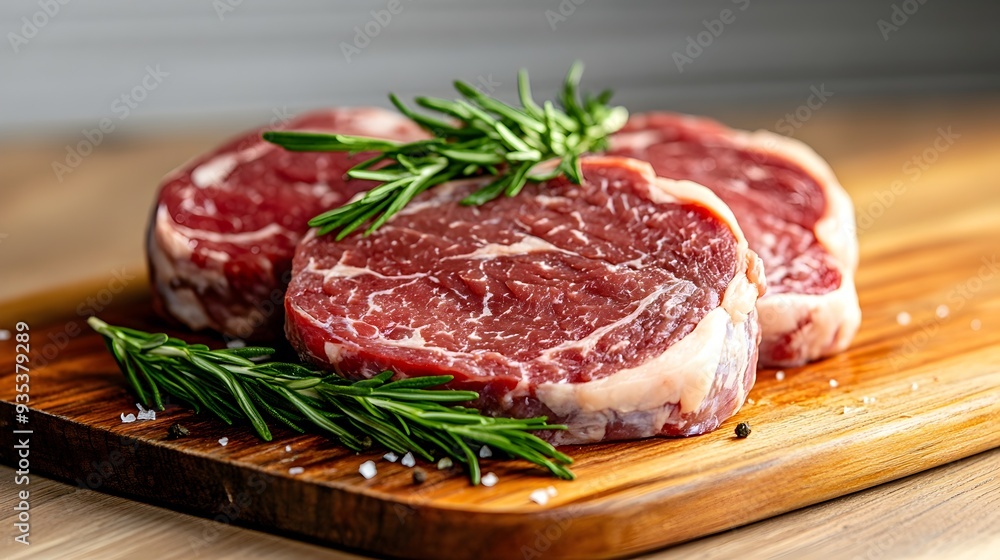 Premium Succulent Meat Cuts with Fresh Herbs on Wooden Table Premium Succulent Meat Cuts with Fresh Herbs on Wooden Table