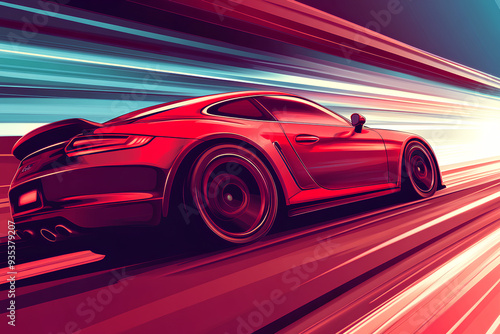 red car at high speed along the highway blur movement speed, cartoon style, vector, 3d rendering