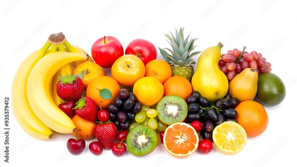 A vivid display of various tropical fruits, including bananas, apples, grapes, and citrus, arranged on a clean white background A vivid display of various tropical fruits, including bananas, apples, grapes, and citrus, arranged on a clean white background