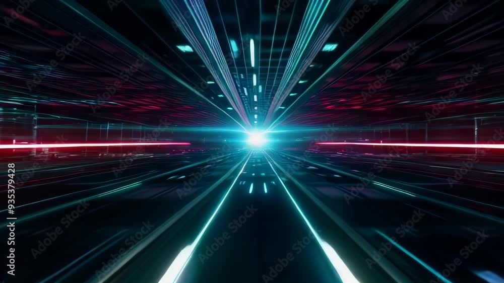Moving in a futuristic digital data tunnel with glowing neon lights. First person view footage. Hyper speed, dynamic motion, dynamic blur Moving in a futuristic digital data tunnel with glowing neon lights. First person view footage. Hyper speed, dynamic motion, dynamic blur
