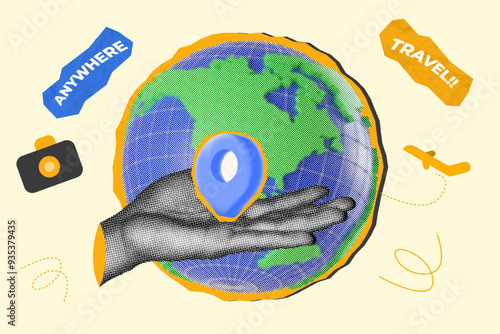 halftone collage Modern design of a hand gesture with pinpoint travel illustration featuring a globe, and travel icons. Perfect for promoting travel blogs, apps, or tourism services