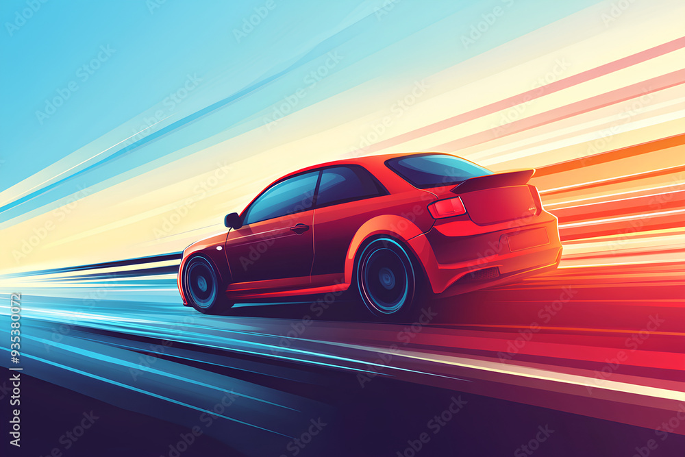 Obraz premium red car at high speed along the highway blur movement speed, cartoon style, vector, 3d rendering