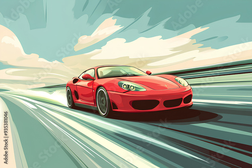 red car at high speed along the highway blur movement speed, cartoon style, vector, 3d rendering