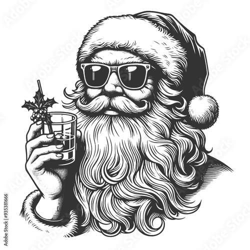 Santa Claus in sunglasses, enjoying a whisky cocktail with a lemon slice and ice cubes sketch engraving generative ai vector illustration. Scratch board imitation. Black and white image.