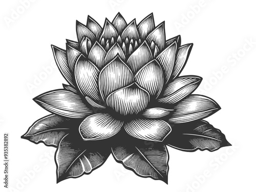 blooming lotus flower with buds, water lily Nymphaea, elegant and detailed floral art sketch engraving generative ai vector illustration. Scratch board imitation. Black and white image.
