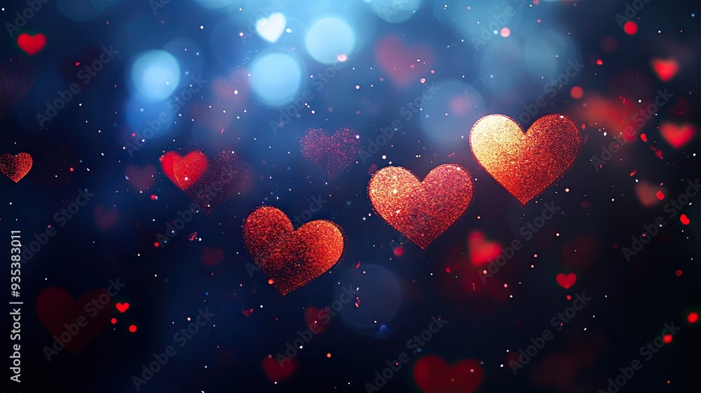 Valentine's Day background with red and pink hearts, bokeh lights in the dark blue background, shiny sparkles on a black backdrop, creating an enchanting atmosphere for a love celebration. Valentine's Day background with red and pink hearts, bokeh lights in the dark blue background, shiny sparkles on a black backdrop, creating an enchanting atmosphere for a love celebration.