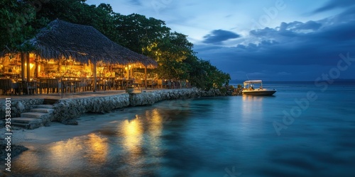 Tropical bar on the beach at twilight.