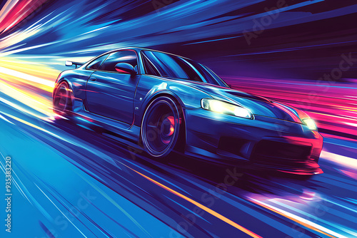 blue car at high speed along the highway blur movement speed, cartoon style, vector, 3d rendering