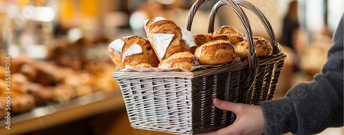 Close up hand holding basket fresh bread bakery background photo