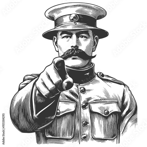 stern military commander, pointing directly forward, symbolizing recruitment, authority, and duty sketch engraving generative ai vector illustration. Scratch board imitation. Black and white image.