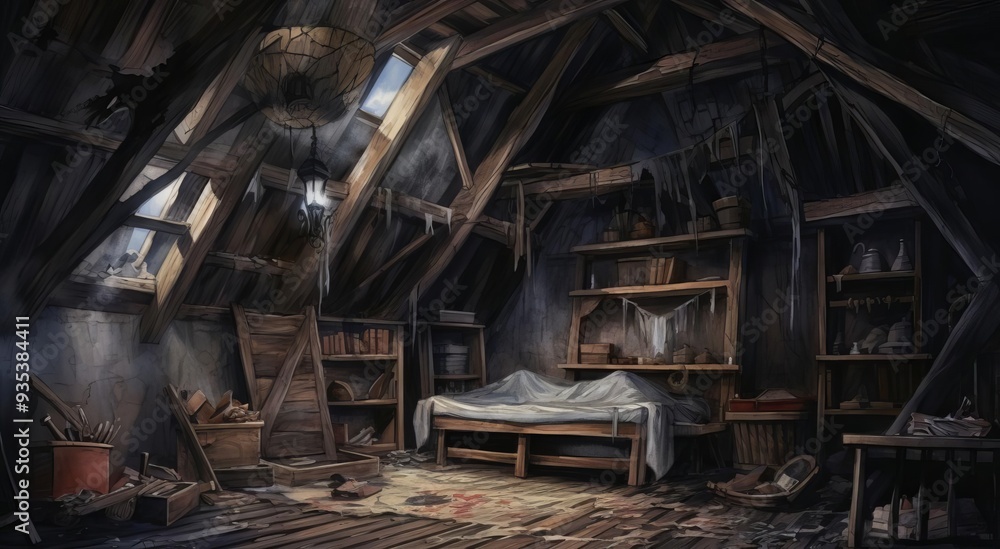 A dark, abandoned attic with rustic wooden beams, dust-covered furniture, and an eerie atmosphere that sparks curiosity. A dark, abandoned attic with rustic wooden beams, dust-covered furniture, and an eerie atmosphere that sparks curiosity.