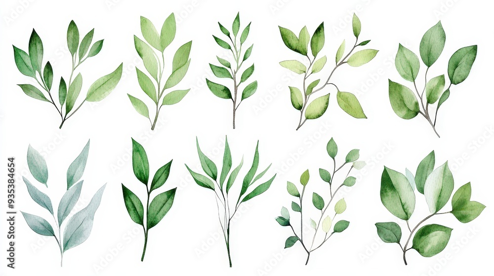 A collection of 12 watercolor illustrations of green leaves and branches. A collection of 12 watercolor illustrations of green leaves and branches.