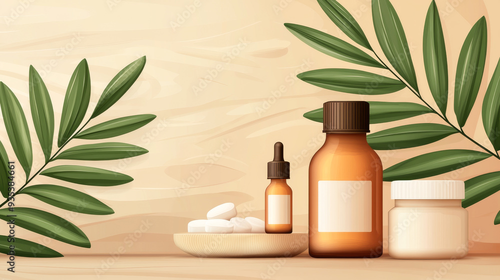A collection of natural cosmetic products displayed with green leaves on a light wooden background, conveying freshness and purity. A collection of natural cosmetic products displayed with green leaves on a light wooden background, conveying freshness and purity.