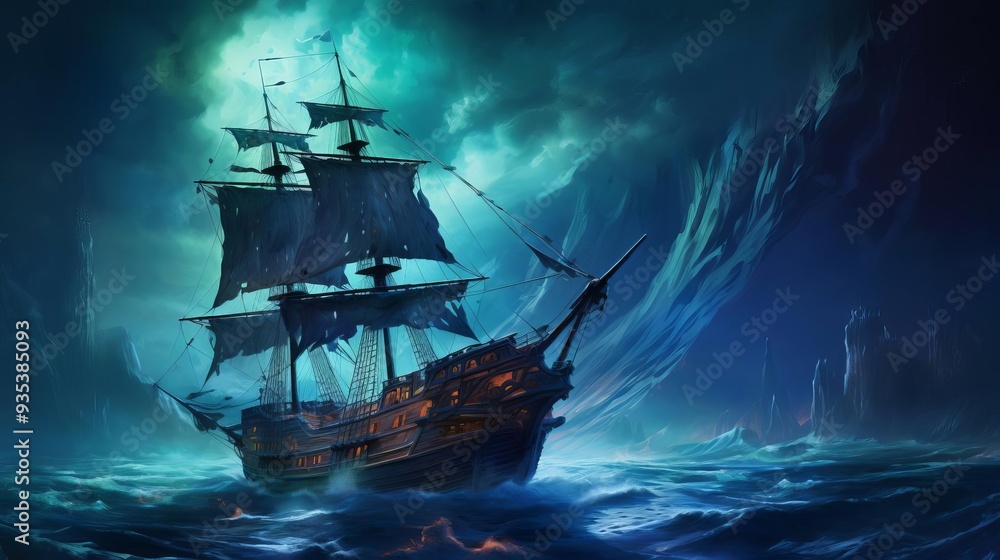 Fototapeta premium Haunted ship, cracked sails, ghostly crew, eerie waters, Watercolor style