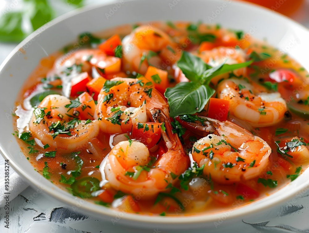 Seafood soup with shrimp and vegetables served in a white bowl, showcasing vibrant colors and fresh herbs on a rustic table Seafood soup with shrimp and vegetables served in a white bowl, showcasing vibrant colors and fresh herbs on a rustic table