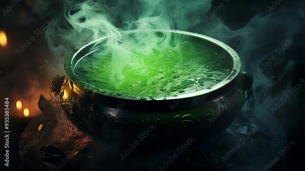 Witch's cauldron, bubbling green potion, spooky smoke, dark background, Watercolor style Witch's cauldron, bubbling green potion, spooky smoke, dark background, Watercolor style