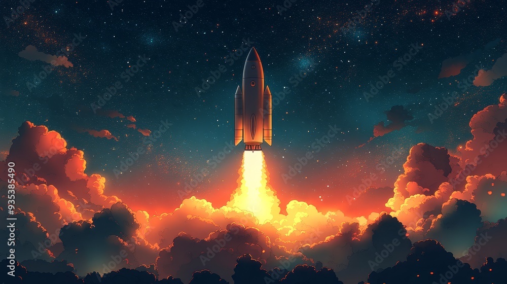 Obraz premium A rocket ship colorful cartoon style high resoluti 746 fire, flame, burn, heat, burning, sky, hot, night, red, smoke, lava, explosion, light, cloud, flames, sunset, volcano, energy, nature, danger, b