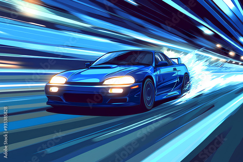 blue car at high speed along the highway blur movement speed, cartoon style, vector, 3d rendering