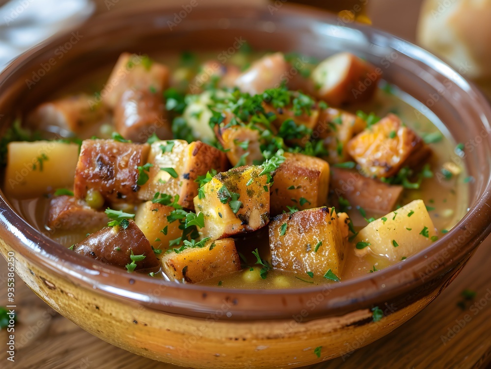 Hearty bowl of seasoned sausages and vegetables garnished with fresh herbs served in a rustic dish on a wooden table Hearty bowl of seasoned sausages and vegetables garnished with fresh herbs served in a rustic dish on a wooden table