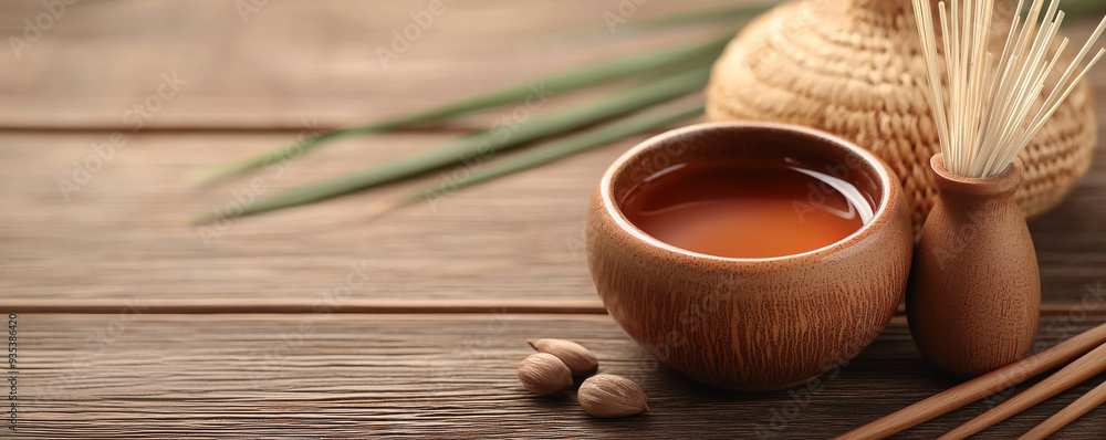 A serene display of essential oil, incense sticks, and natural decor on a wooden surface, perfect for relaxation and wellness. A serene display of essential oil, incense sticks, and natural decor on a wooden surface, perfect for relaxation and wellness.