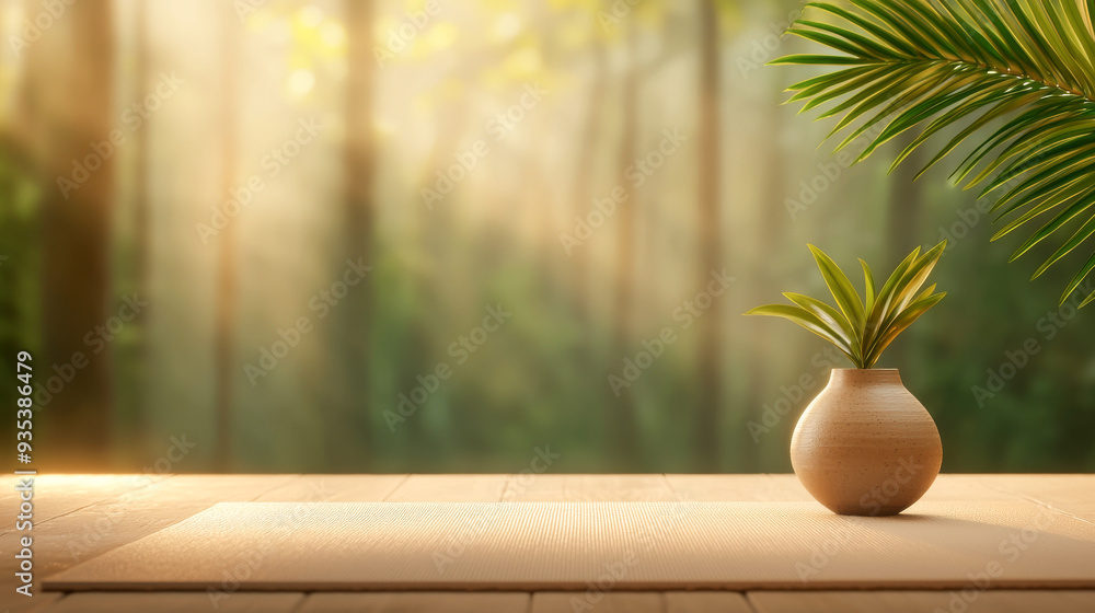 A serene forest scene featuring soft sunlight and a potted plant, perfect for relaxation and tranquility themes. A serene forest scene featuring soft sunlight and a potted plant, perfect for relaxation and tranquility themes.