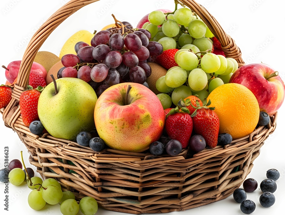 A vibrant fruit basket filled with assorted fruits including apples, grapes, oranges, and strawberries against a clean background A vibrant fruit basket filled with assorted fruits including apples, grapes, oranges, and strawberries against a clean background