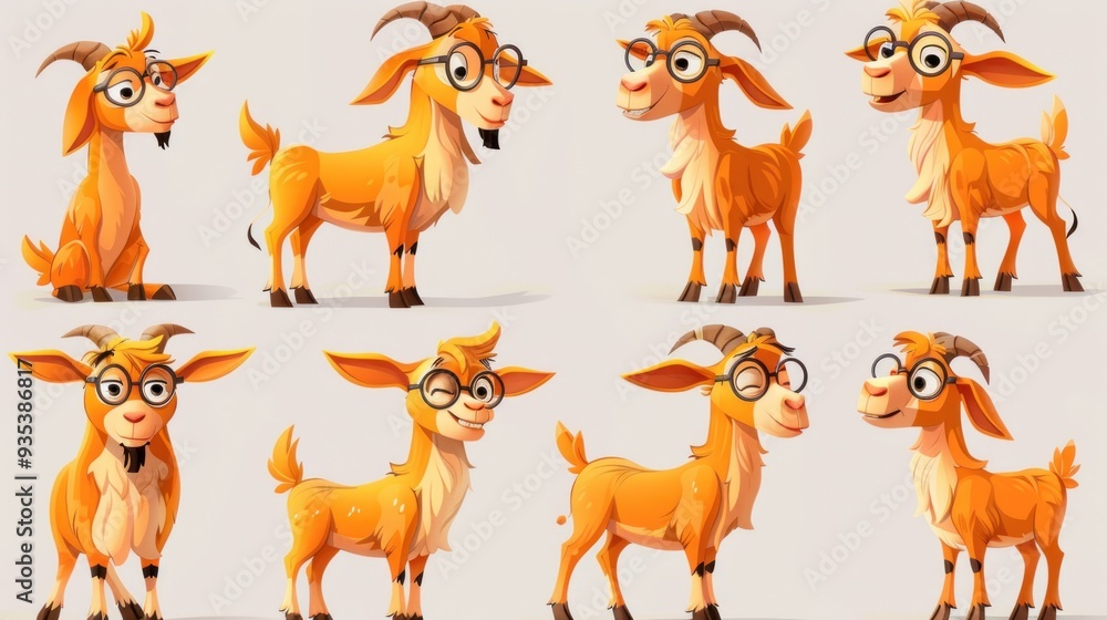 A collection of cartoon goats with glasses displaying various poses and expressions. A collection of cartoon goats with glasses displaying various poses and expressions.