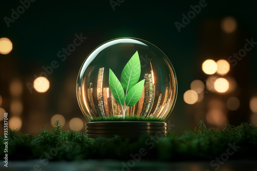 A stunning representation of nature within a glass dome, symbolizing environmental sustainability and growth amidst urban settings.