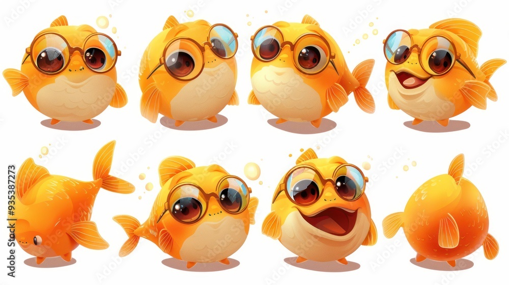 Fototapeta premium Cute cartoon goldfish with glasses in various playful poses.
