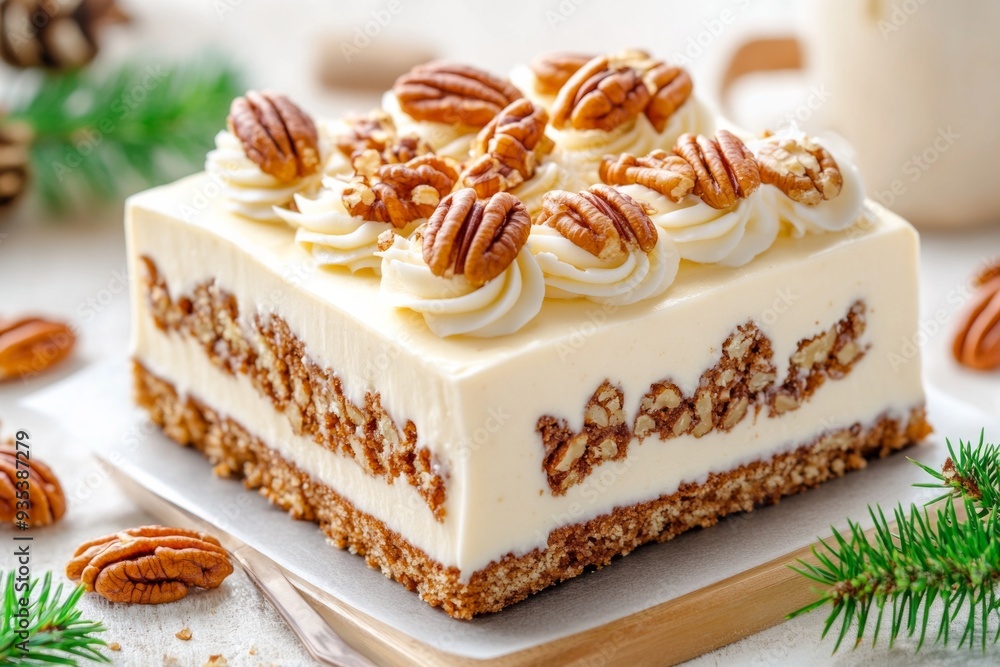 Decadent pecan cream cake topped with cream cheese frosting and whole pecans. Decadent pecan cream cake topped with cream cheese frosting and whole pecans.