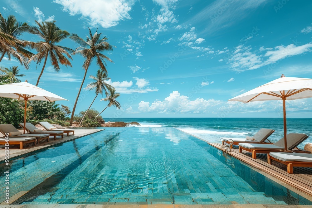 Fototapeta premium Indian Beach Resort with Outdoor Swimming Pool, White Umbrella, Wooden Sunbeds Near Ocean on Sunny Day, Sri Lanka Hotel View.