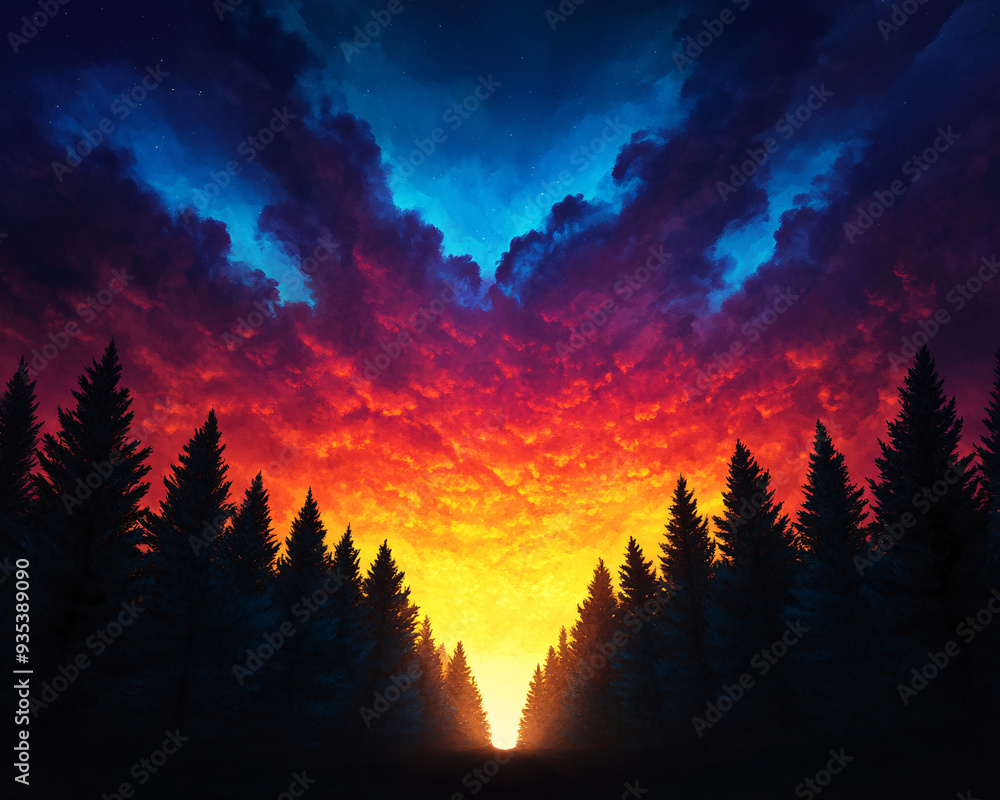 A beautiful sunset with a rainbow in the sky. The sky is filled with clouds and the sun is setting. The trees are tall and green, and the sky is a mix of orange, pink, and blue A beautiful sunset with a rainbow in the sky. The sky is filled with clouds and the sun is setting. The trees are tall and green, and the sky is a mix of orange, pink, and blue