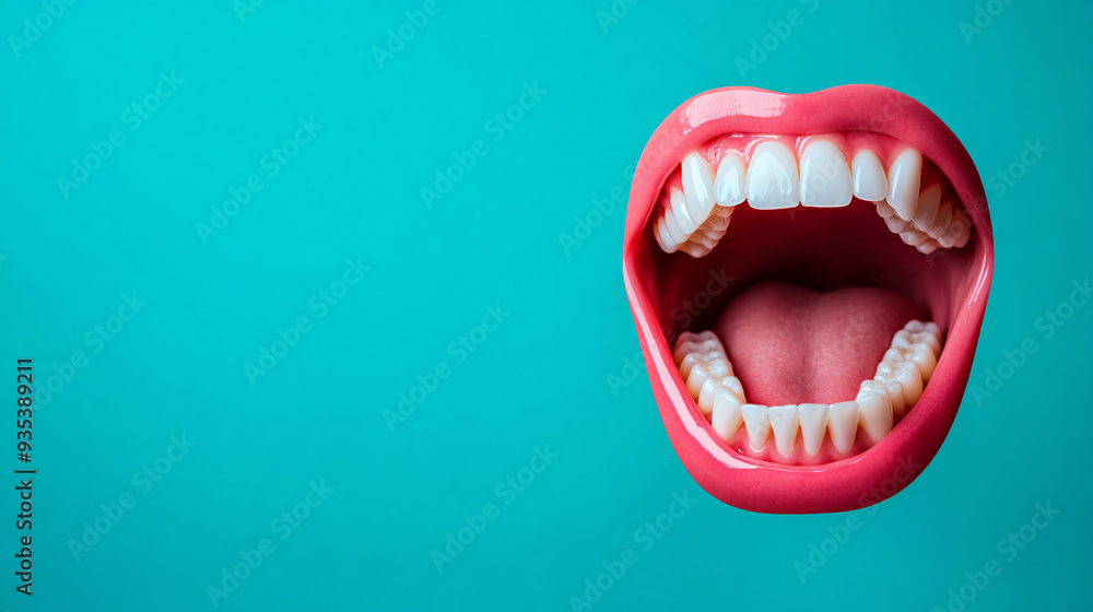 Naklejka premium A close up of a mouth with a pink lip and white teeth. The mouth is open wide, revealing the teeth and tongue. Concept of openness and vulnerability