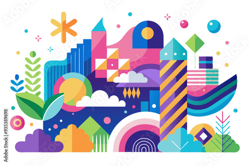 Abstract Cityscape with Geometric Shapes and Floral Elements