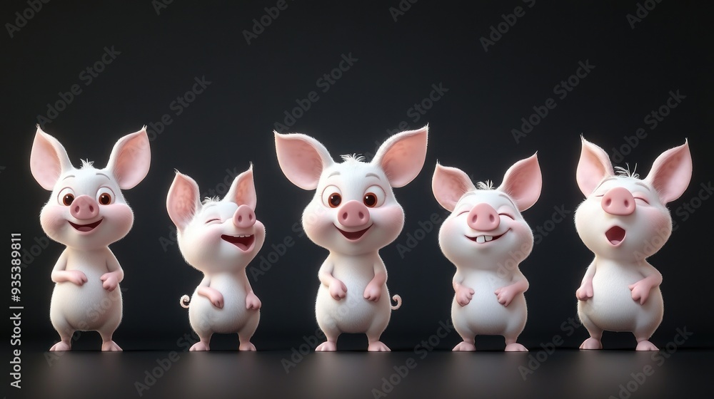 Five cute cartoon pigs displaying different expressions and poses. Five cute cartoon pigs displaying different expressions and poses.